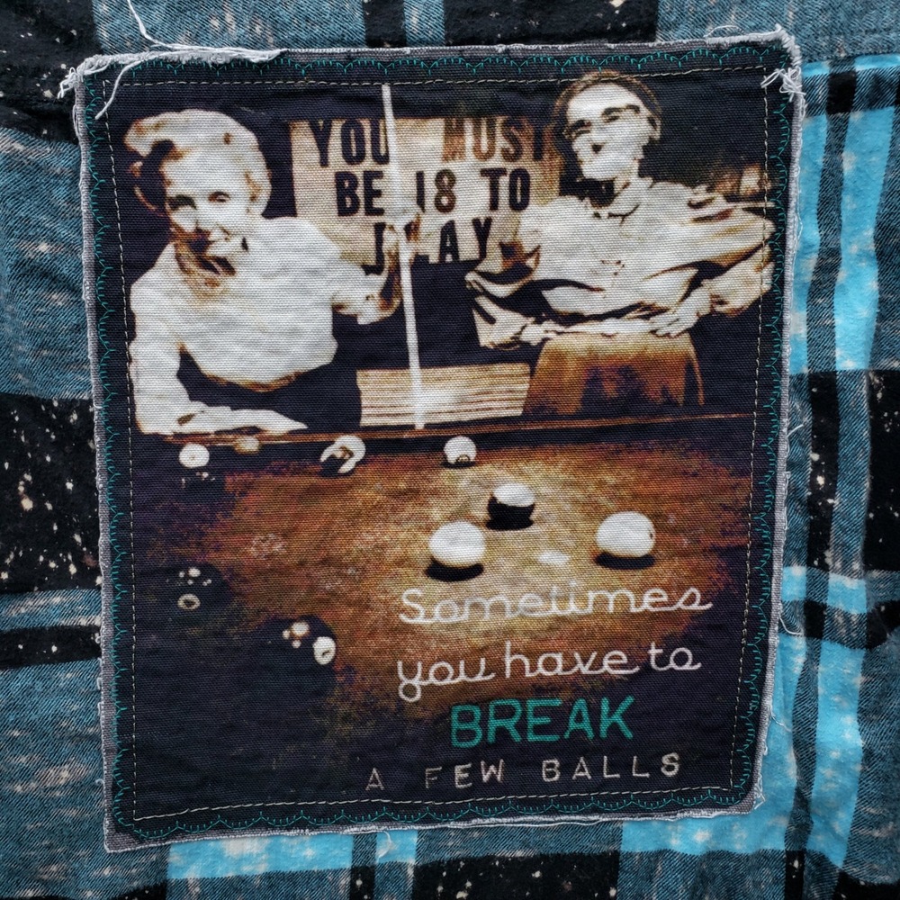 Angry Minnow Breaking Balls Flannel Turquoise Black Plaid Retro Granny Pool Hall